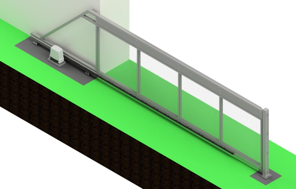 3D model posuvné brány s výplní z tahokovu, průjezd cca 5 m